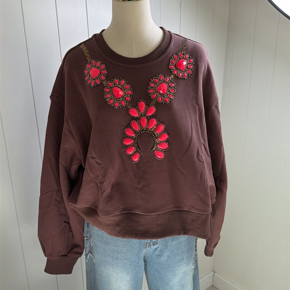NEW Queen Of Sparkles-Brown & Pink Jeweled Necklace Sweatshirt - Picture 2 of 4